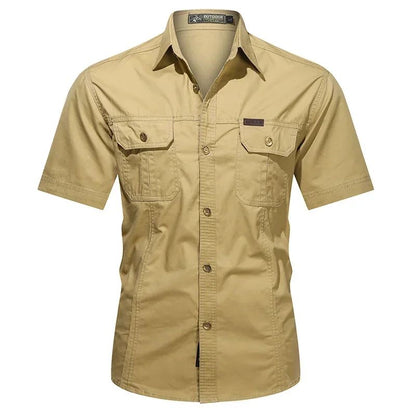 Men's Streetwear Casual Button Down Military Cargo Shirt Short Sleeve Cotton Dress Shirts For Hiking Fishing Golf Polos Shirts
