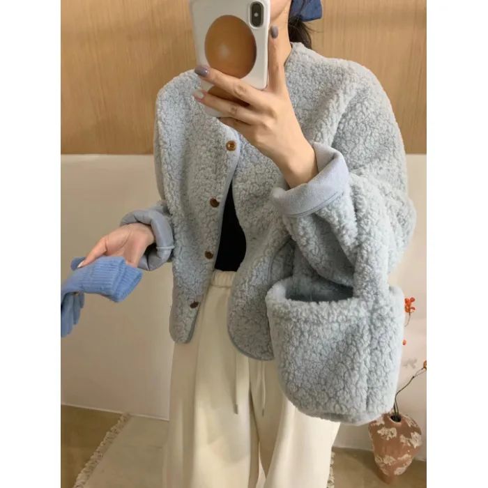 Korean Chic round Neck Single Button Loose Lamb Fur Jacket Winter Elegant Fashion Small Size with Bag Matching Women's Coat