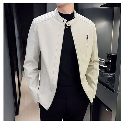 Stand Collar Solid Color White Black Leather Jacket Zip Up PU Coat Men's Motorcycle Leather Jacket Male Spring Autumn Casual