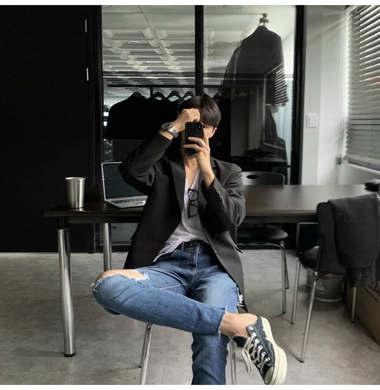 Korean Men's Casual Blazer Western-style Loose-fit Black Single-breasted Jacket Autumn Trendy Dongdaemun Style Clothes