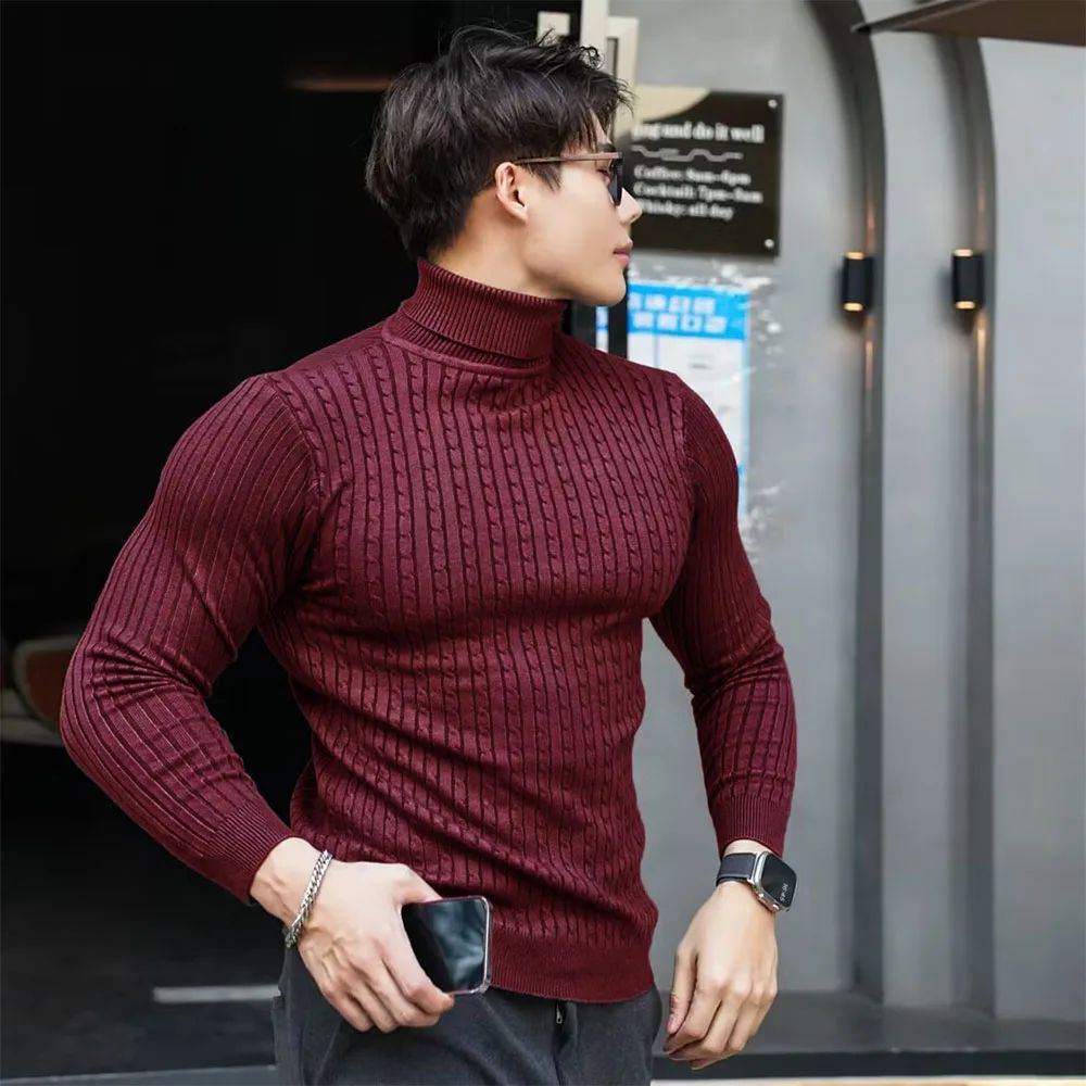 New Men's Turtleneck Sweaters Autumn Knitted Striped Streetwear Warm Long Sleeved Pullover Solid Color Basic Style Casual Tops