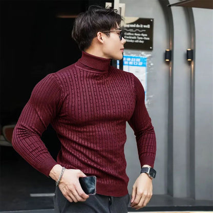 New Men's Turtleneck Sweaters Autumn Knitted Striped Streetwear Warm Long Sleeved Pullover Solid Color Basic Style Casual Tops