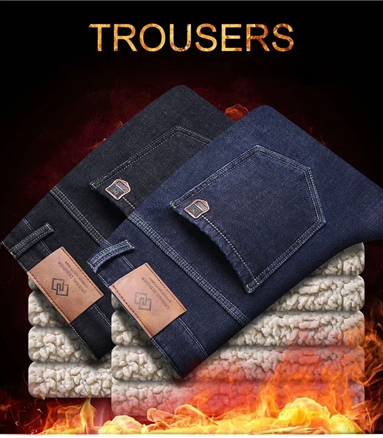 Calça Jeans Masculina de Inverno Forrada de Lã Grossa Sherpa Casual de Negócios Veludo Reta Masculina de Lã Pelúcia Clássica Elástica