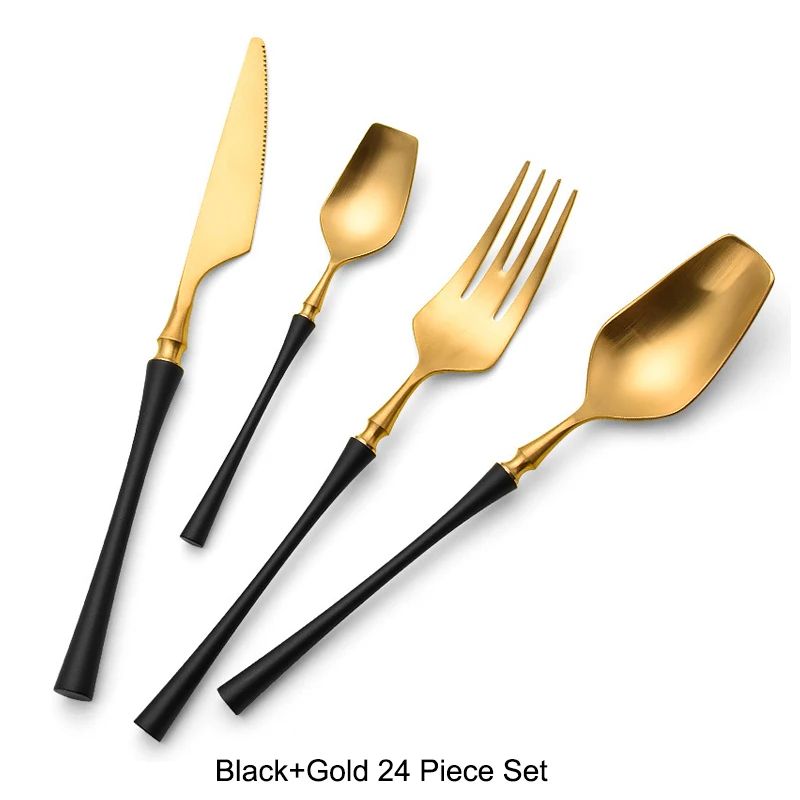 Conjunto de Talheres 24 Peças Aço Inox Fosco Preto Dourado Jogo de Talheres de Mesa Faca Colher Garfo Lavável em Lava-louças