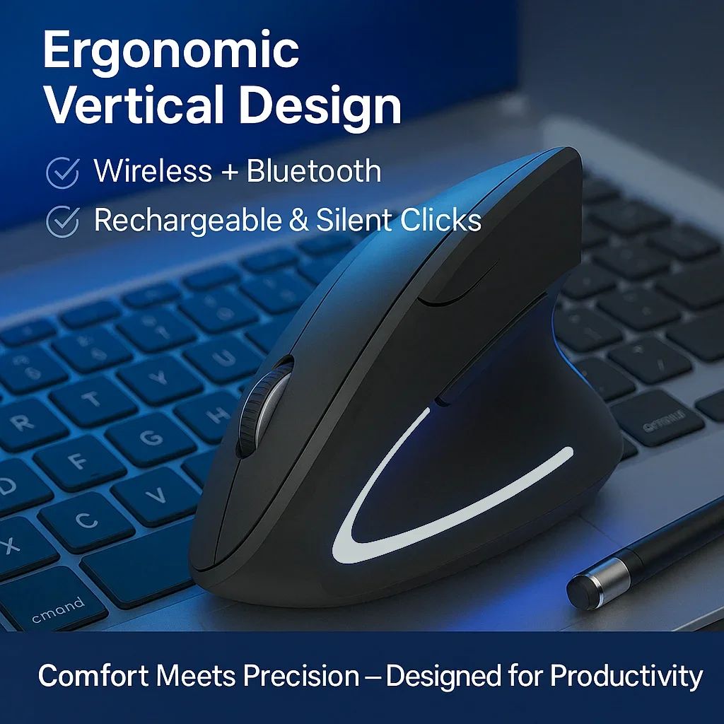 Mouse Sem Fio Ergonômico OUIO, Recarregável, Modo Duplo Bluetooth 5.4 e 2.4GHz, Clique Silencioso, para Laptop/PC/Mac