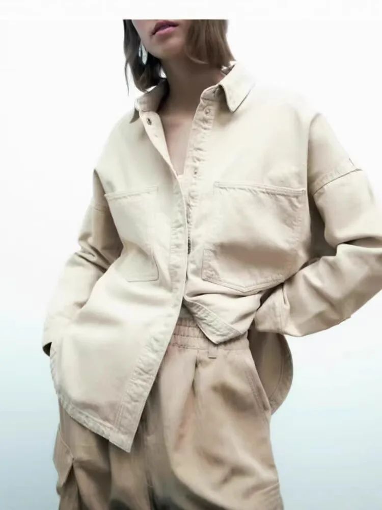 Retro Washed Loose Long Sleeve Women's Denim Shirt Vintage Workwear Style Button up Casual Outerwear from Mainland China