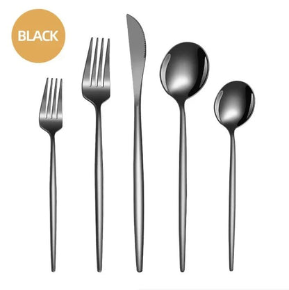 Conjunto de talheres de aço inoxidável banhado a ouro e titânio preto, com 5 peças, cabo com talheres de boca e conjunto de talheres de mesa