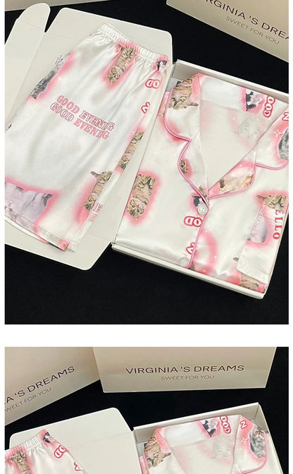 Pyjama Summer New Ladies Sweet Satin Silk Floral Printed Pajamas Set Short Sleeve+Pants Women Ice Silk Cute Homewear Casual Wear