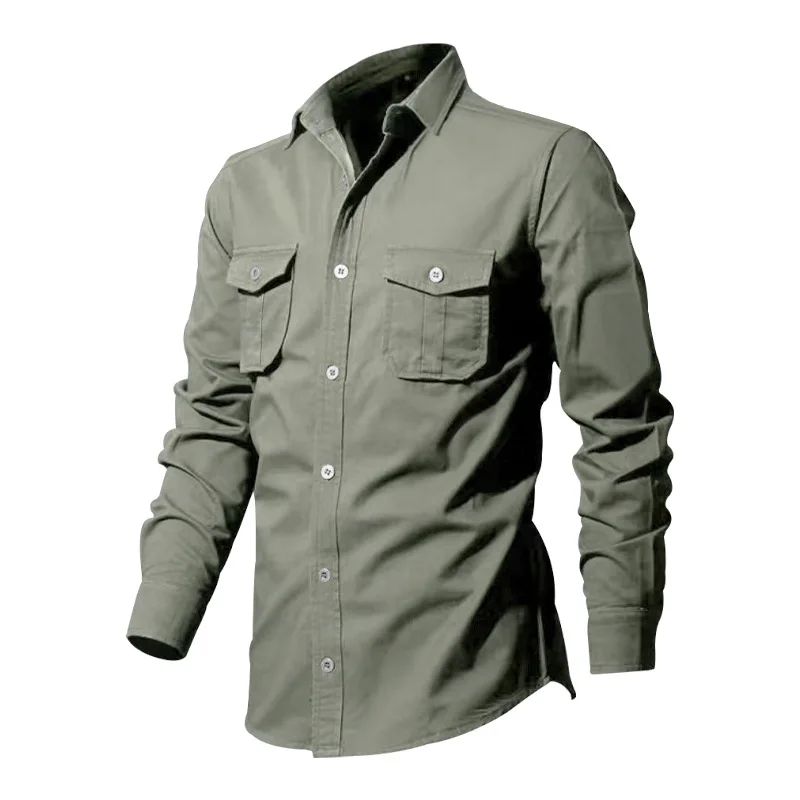 Army Green Tactical Cargo Shirts For Men Chest Two Pockets Long Sleeve Mens T-Shirt 2024 Trend Casual Loose Shirt Chemise Hombre