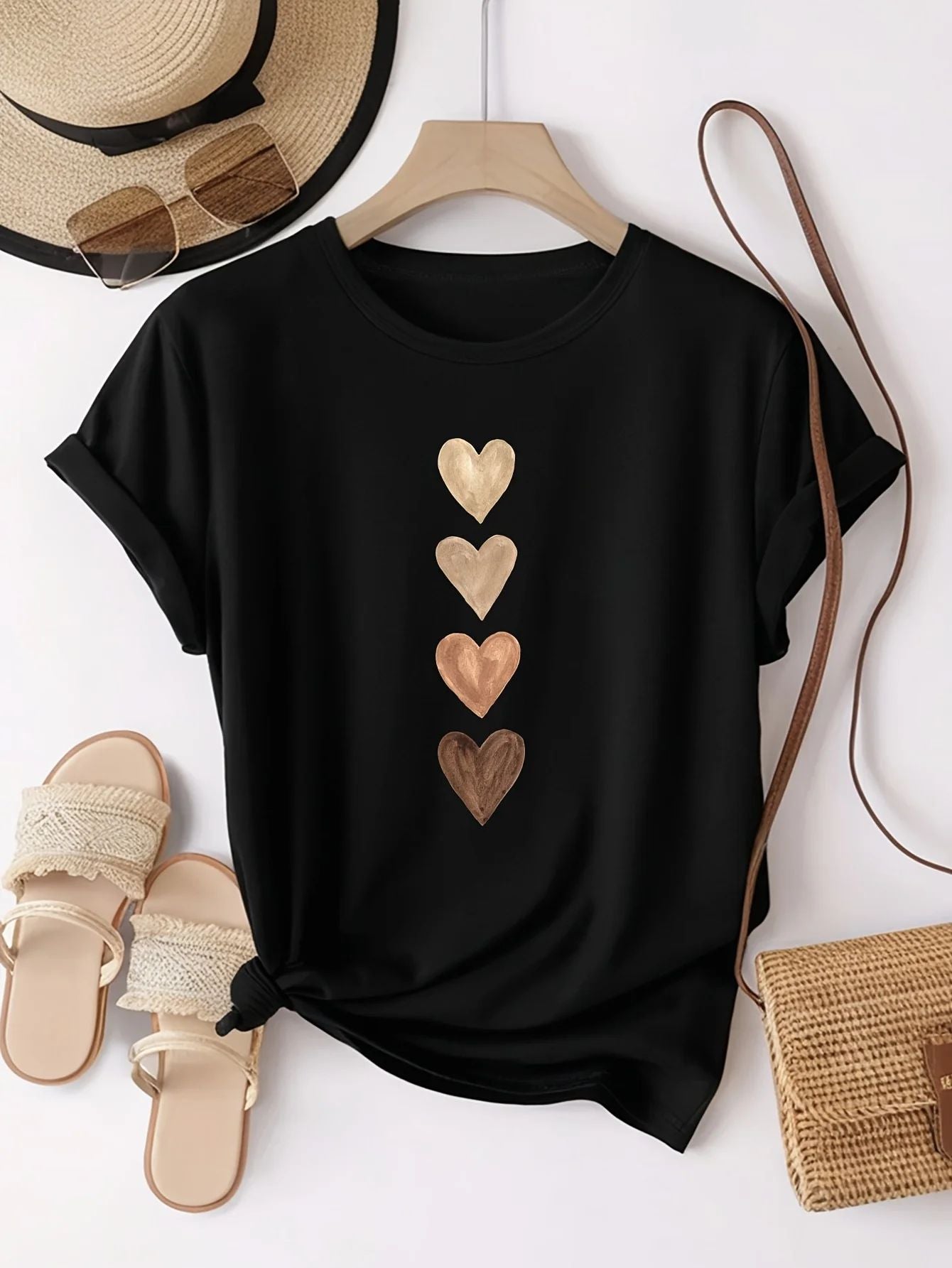 Women's Casual Short Sleeve T-Shirt with Four Heart Graphic Print - Black & Golden Medium Stretch Round Neck Novelty T-Shirt