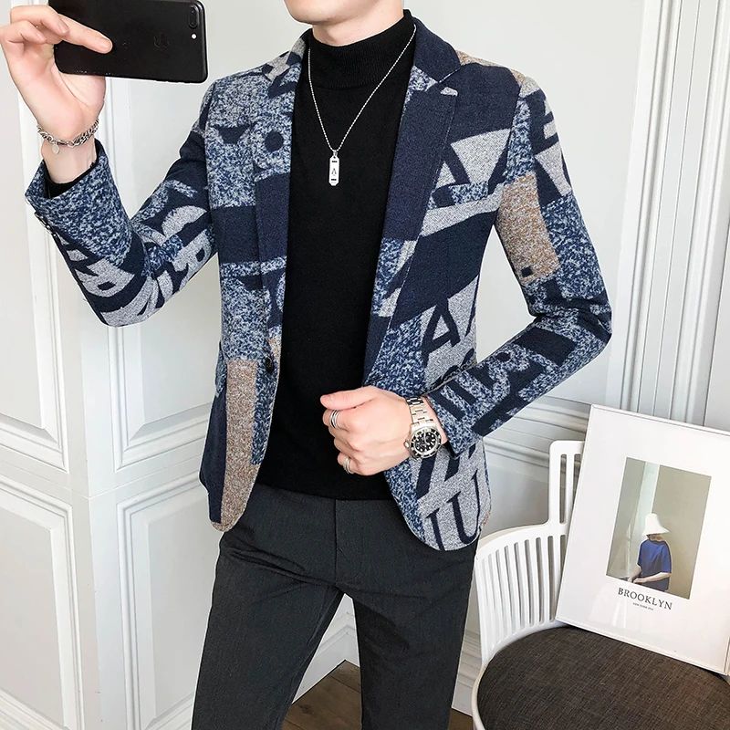 Men's New Suit Jacket Autumn and Winter Men's Letter Printed Suit Jacket Slim Lapel Comfortable Suit Jacket Fashion Woolenjacket