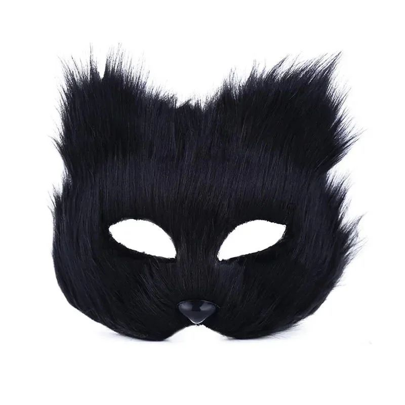 QQ Fluffy Fur and Face Mask Cosplay Halloween Fox Shape Half Face Eye Mask Sexy Cat Hair Animal Mask Christmas Carnival Party Co