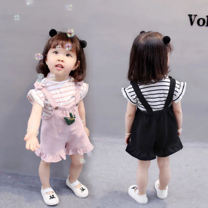 2pcs Cute Toddler Baby Girl T-shirt+Suspender Shorts Outing Clothes New Fashion Bay Sets Suits (No Shoes No Bag)
