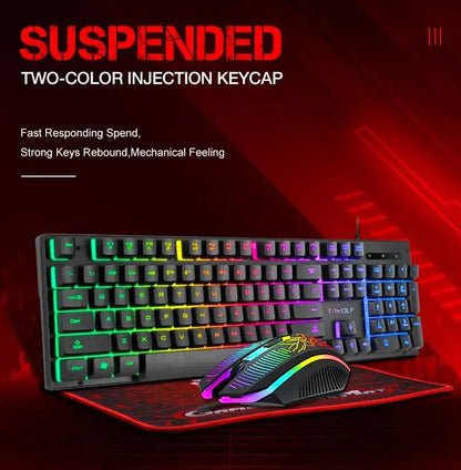 Teclado e Mouse Com Fio TF31 Conjunto Retroiluminado RGB Impermeável Luminoso Teclado de 104 Teclas Mouse com DPI Ajustável e Mouse Pad de Brinde