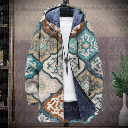 Men's Retro Flower Print Plush Thick Long-Sleeved Coat Fleece Hooded Overcoat Unisex Thick Warm Jacket-12 style