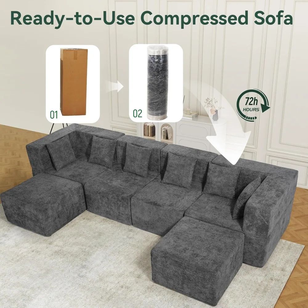 Cloud Modular Sectional Couch 4 Seater Convertible Chenille Sofa Set with Ottoman 130 Inch Living Room Furniture