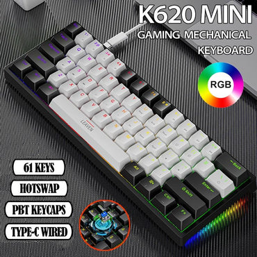 Teclado Mecânico para Jogos K620 Mini 61 Teclas RGB Hotswap Teclado para Jogos com Fio Tipo-C Teclas PBT 60% Teclados Ergonômicos