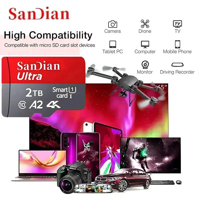 High Speed Micro TF SD Card 256GB 512GB Memory Card A2 V30 SD Memory Cards 1TB 2TB Mass Capacity Cards for Smartphone/PC/Laptop