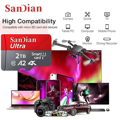 High Speed Micro TF SD Card 256GB 512GB Memory Card A2 V30 SD Memory Cards 1TB 2TB Mass Capacity Cards for Smartphone/PC/Laptop