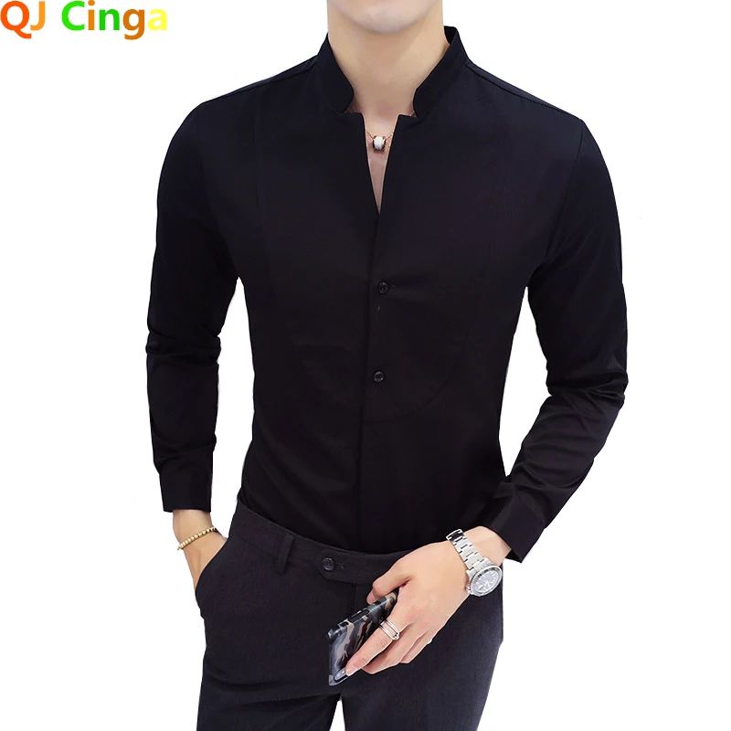 Black Men Long Sleeve Shirt, White Single Breasted Collar Stretch Shirts, Red Fashion Slim Top,Asian Size M-5XL(Korean Slim Fit)