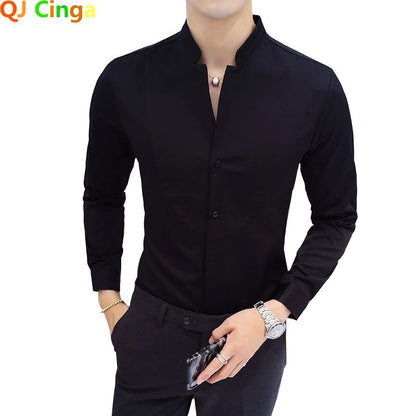 Black Men Long Sleeve Shirt, White Single Breasted Collar Stretch Shirts, Red Fashion Slim Top,Asian Size M-5XL(Korean Slim Fit)