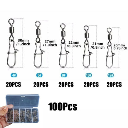 Giradores de Pesca de Aço Inoxidável com Mosquetão 4#-12# Rolamento Conector Duo-Lock Kit Pesca Água Salgada Doce Isca Equipamento 50-200 Peças