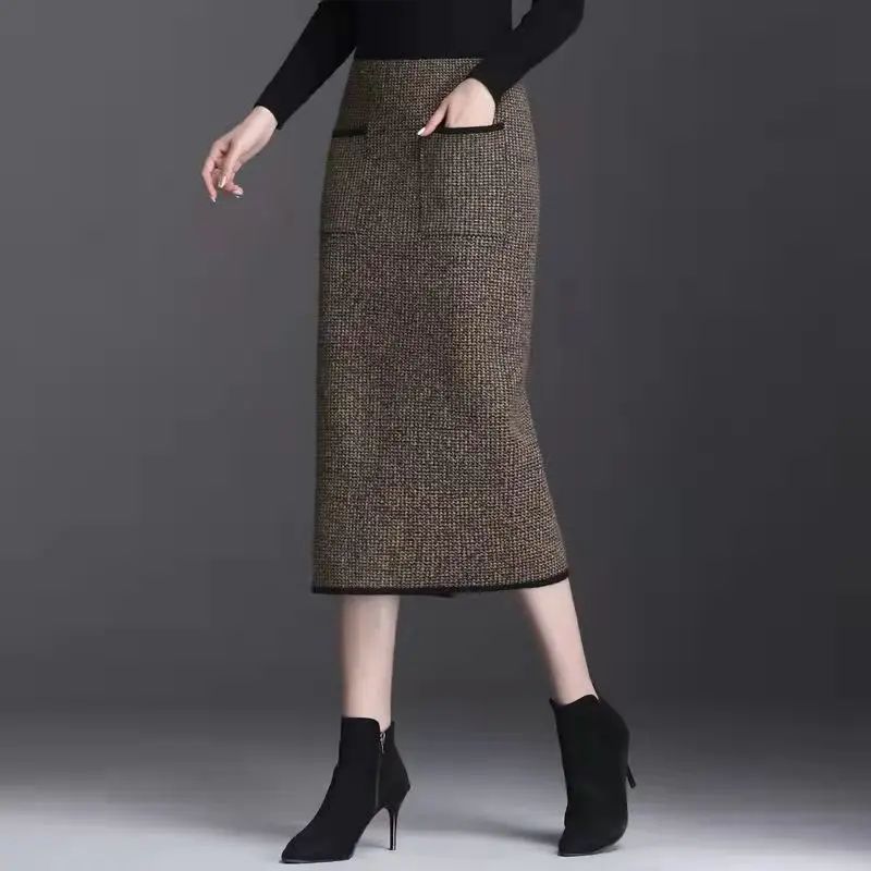 New Style Gold Mink Cashmere Elastic High Waist Office Lady Knee-length Skirts Solid Split Fork Hip Wrap Skirt High Elasticity