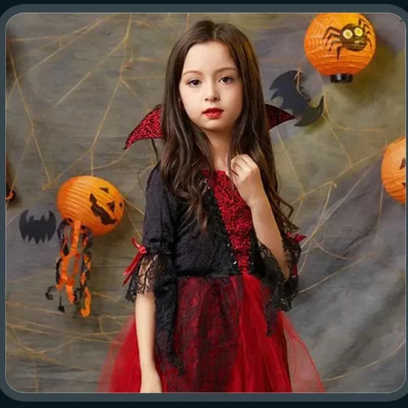 Kids Girls Cosplay Gothic Dark Ghost Bride Witch Vampire Halloween Costume Red Black Tutu Dress Wig Veil Kits Trick or Treat