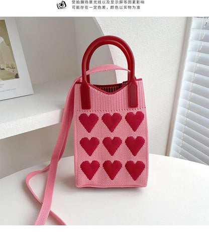Korean Fashion Heart Knitted Mini Square Handbag for Women Small Mobile Phone Shoulder Bags Girls Cute Outdoor Crossbody Bags