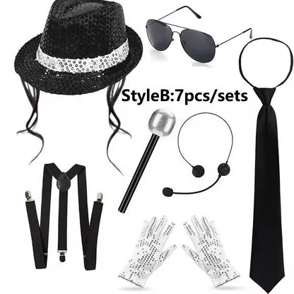 Disco Stage Performance Sequin Hat Tie Glove Set Michael Jackson Cosplay Style Sparkly Costume For Dance Party Halloween Gift