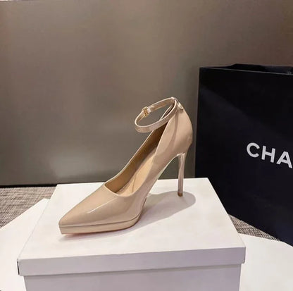 Sapatos femininos com salto agulha super alto de 11cm, corrente de pérolas, tira no tornozelo, bico fino, tamanho grande, sapatos de escritório de couro