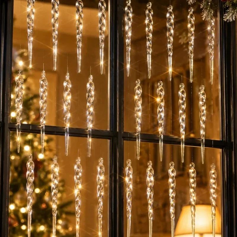 60/12PCS Clear Acrylic Icicle Christmas Ornaments Crystal Hanging Pendant Spiral Strip Icicle for Xmas Tree Wedding Party Decor