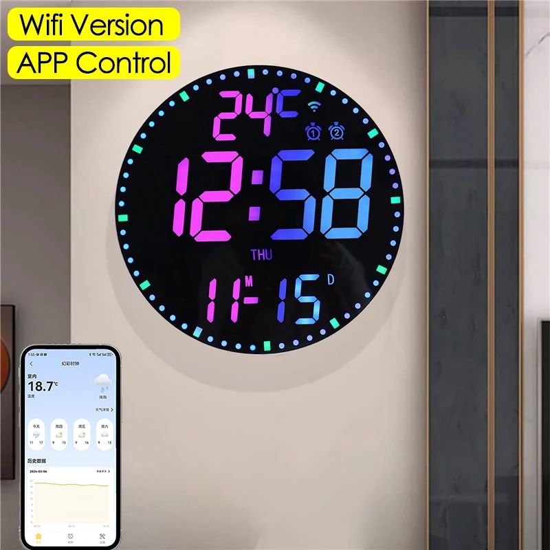 RGB LED Digital Wall Clocks Intelligent Wifi App Control Temperature Date Week Display Multi-functional Electronic Alarm Clock
