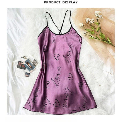 Heart Print Cross Tie Straps Satin Fabric Pajamas Sets Nightdress Casual Round Neck Strap Sleep Dress Women's Sleepwear Dresses