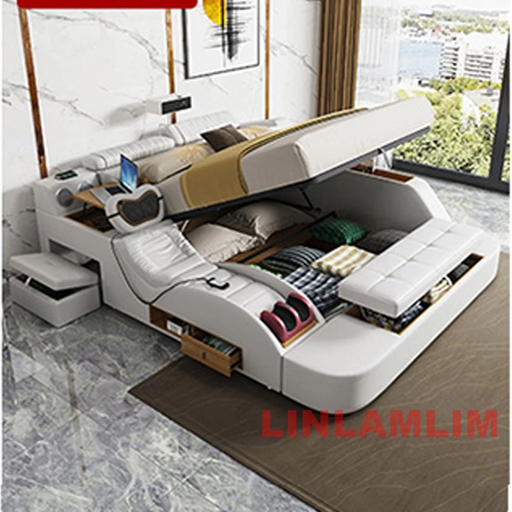 MINGDIBAO Modern MULTIFUNCTIONAL Tech SMART BED 2 People | FUTURISTIC FURNITURE | Ultimate Massage Tatami Genuine Leather Beds