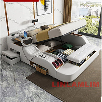 MINGDIBAO Modern MULTIFUNCTIONAL Tech SMART BED 2 People | FUTURISTIC FURNITURE | Ultimate Massage Tatami Genuine Leather Beds