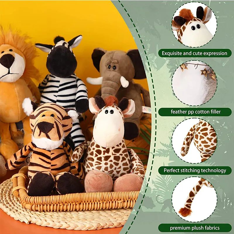 Brinquedos de Pelúcia de Animais da Selva Kawaii de 25CM, Cão, Zebra, Elefante, Leão, Raposa, Girafa, Brinquedos Infantis, Boneca, Presente de Aniversário