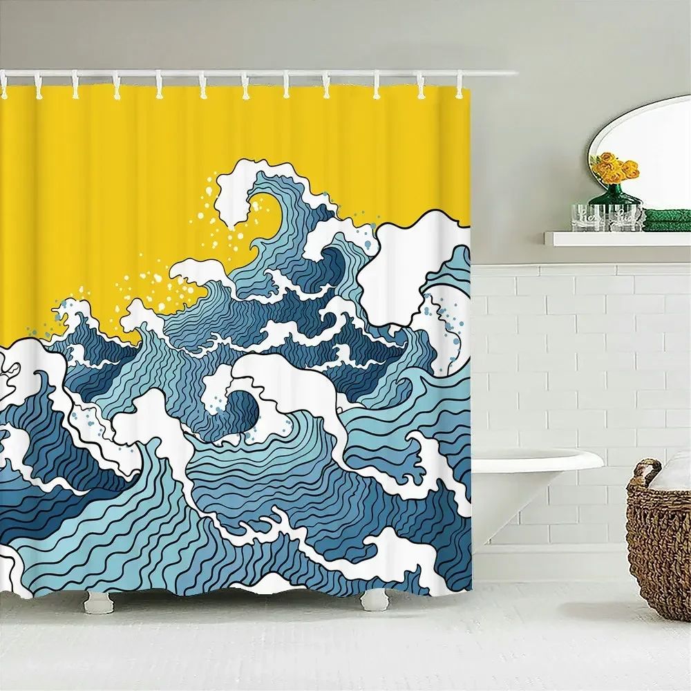 Japanese-style Waves Printing Shower Curtain with Hooks Home Decoration Bathroom Curtains 180x180cm Waterproof Polyester Fabric