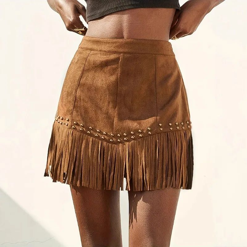 2025 European and American Style Elegant Vacation Style Women's Clothing Suede Fringed Rivet Design Short Skirt Suede