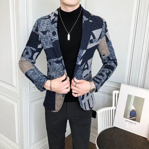 Men's New Suit Jacket Autumn and Winter Men's Letter Printed Suit Jacket Slim Lapel Comfortable Suit Jacket Fashion Woolenjacket