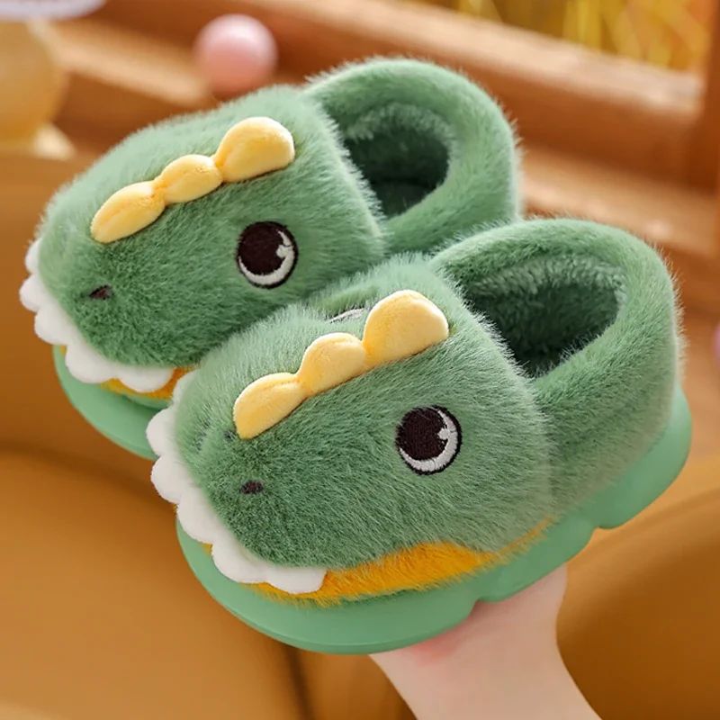 Cute Cartoon Dinosaur Children Plush Slippers Soft Sole Non-slip Winter Warm Baby Boys Girls Indoor Home Heel Wrap Cotton Shoes