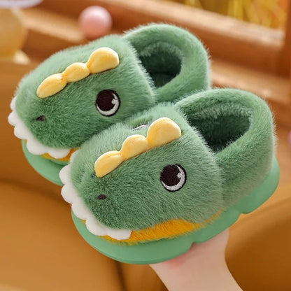 Cute Cartoon Dinosaur Children Plush Slippers Soft Sole Non-slip Winter Warm Baby Boys Girls Indoor Home Heel Wrap Cotton Shoes