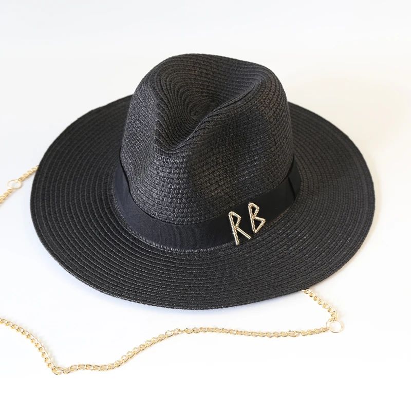 Fashionable Metal RB Letter Straw Hats for Women Men Summer Outdoor Holidays Beach Sun Hat Straw Hats for Women Fashion Panama