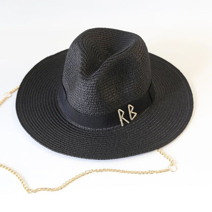 Fashionable Metal RB Letter Straw Hats for Women Men Summer Outdoor Holidays Beach Sun Hat Straw Hats for Women Fashion Panama