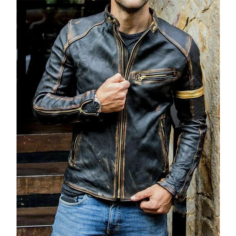 Slim Faux Leather Zipper Cardigan Coat Jacket Vintage Printed Long Sleeve Men Stand Collar Autumn Winter New Motorcycle Jacket