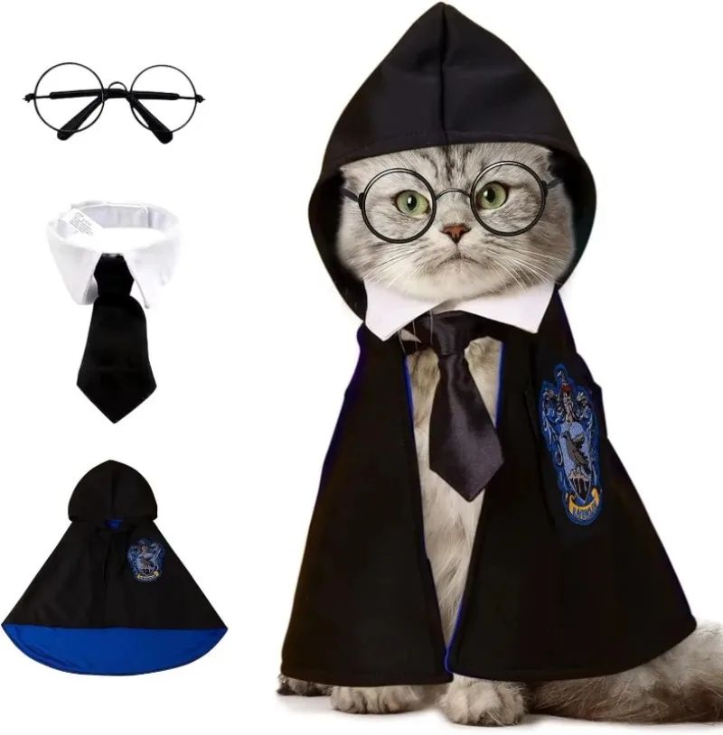 Capa de Halloween Cosplay Roupinha de Cachorro Fofa Manto Mágico Colegial Pequeno Óculos Gravata Acessórios para Pescoço Xale para Pet Roupinha de Outono