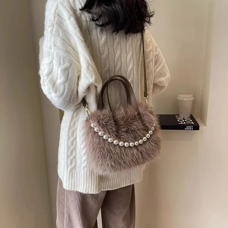 Winter Fashion Faux Fur Crossbody Bags for Women's Gift, Pearl Chain Decor Shoulder Bag, Ladies Handbags Top-handel Bag