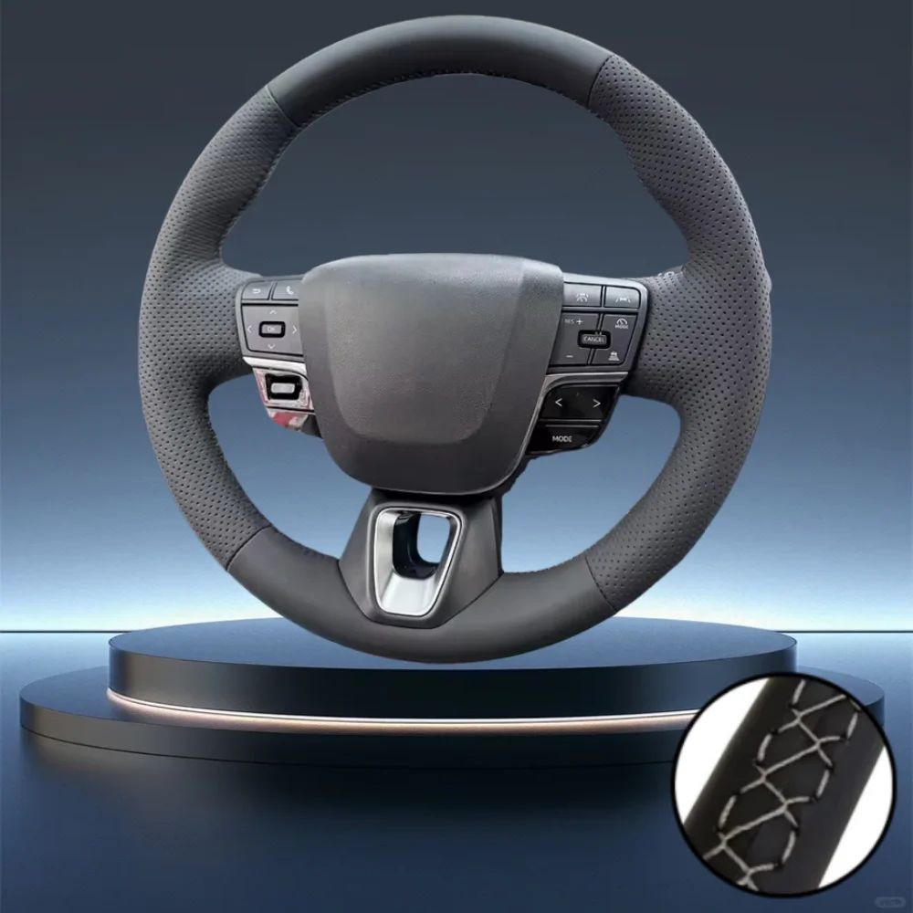 For 9th-generation Toyota Camry and Toyota Avalon Hand-Stitched Black Perforated Microfiber Leather Steering Wheel Cover