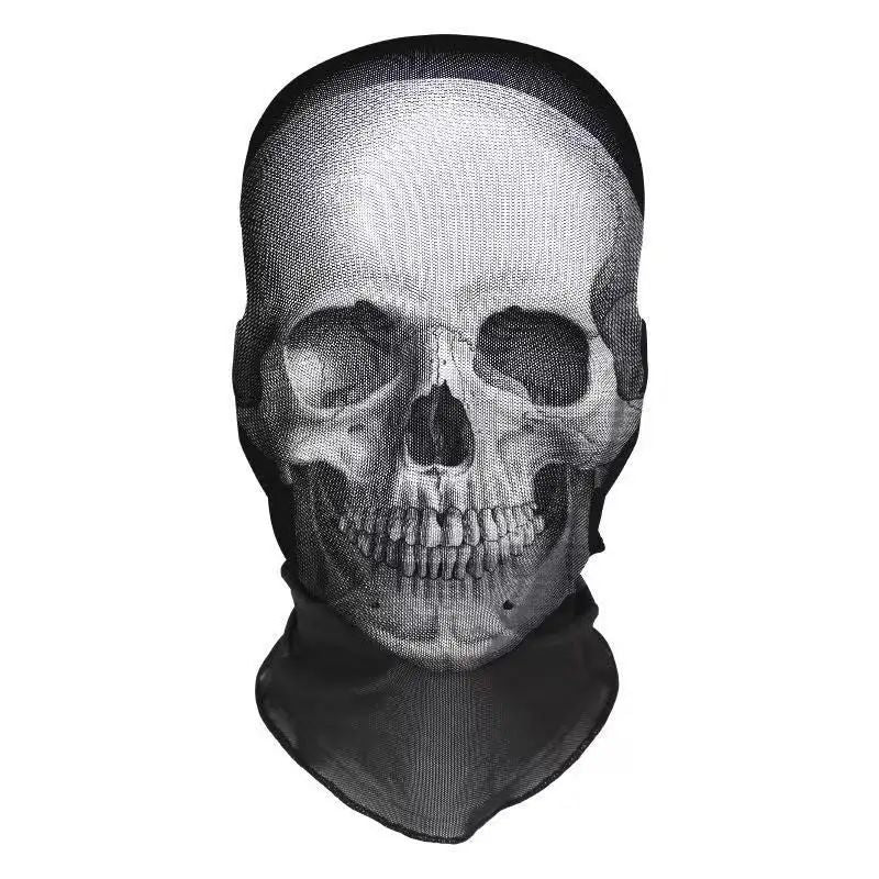 Halloween Skeleton Mask Elastic Mesh Hood Scary Party Cosplay Prop Breathable Face Cover Hood
