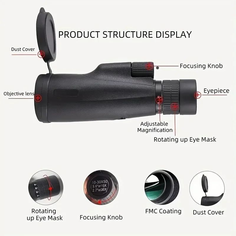 Monóculo Telescópio 10-30x50mm Monóculo de Longo Alcance Telescópio com Zoom Contínuo para Caça ao Ar Livre e Exploração